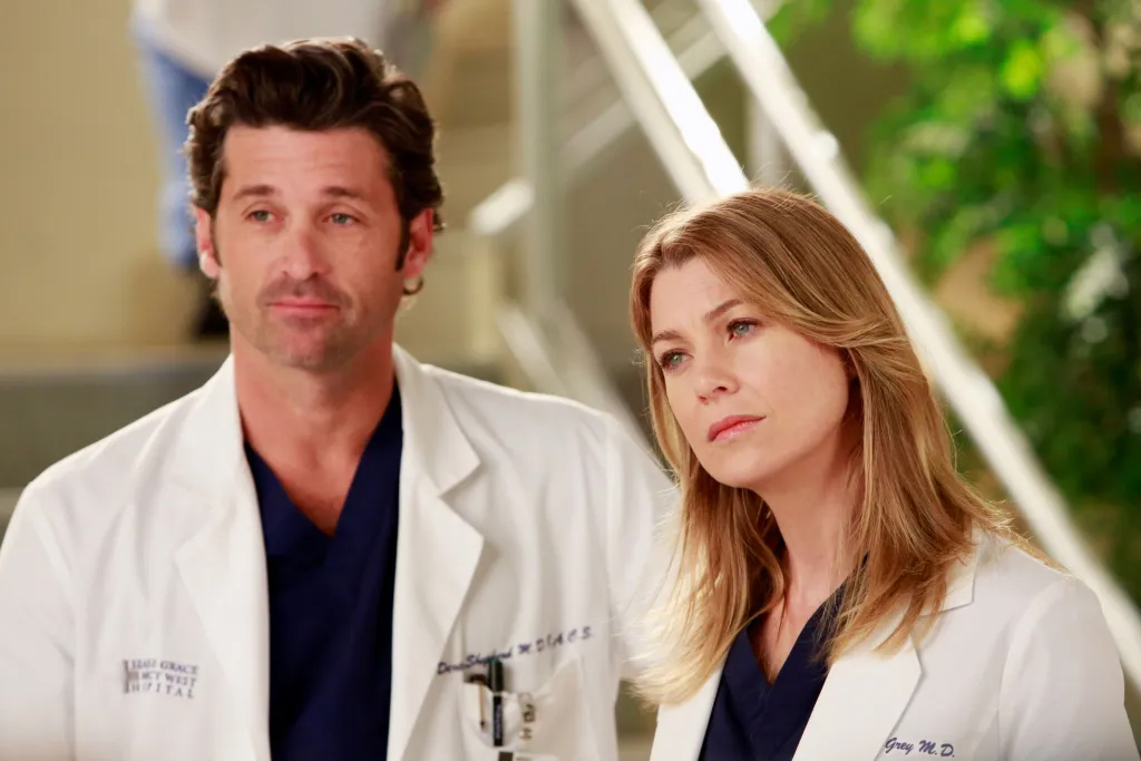 Still of Derek (played by Patrick Dempsey) and Meredith (played by Ellen Pompeo) from Grey's Anatomy