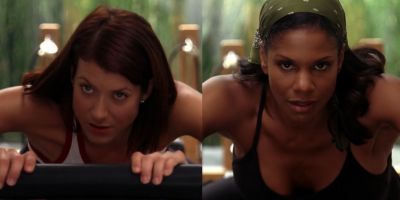 Still of Addison (played by Kate Walsh) and Naomi (played by Audra McDonald) working out together in split screen from Private Practice 2x11