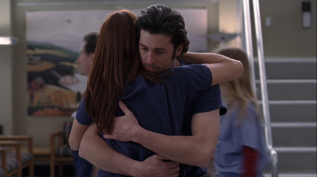 Still of Addison (played by Kate Walsh) hugging Derek (played by Patrick Dempsey) after the bomb scare from Grey's Anatomy 2x17